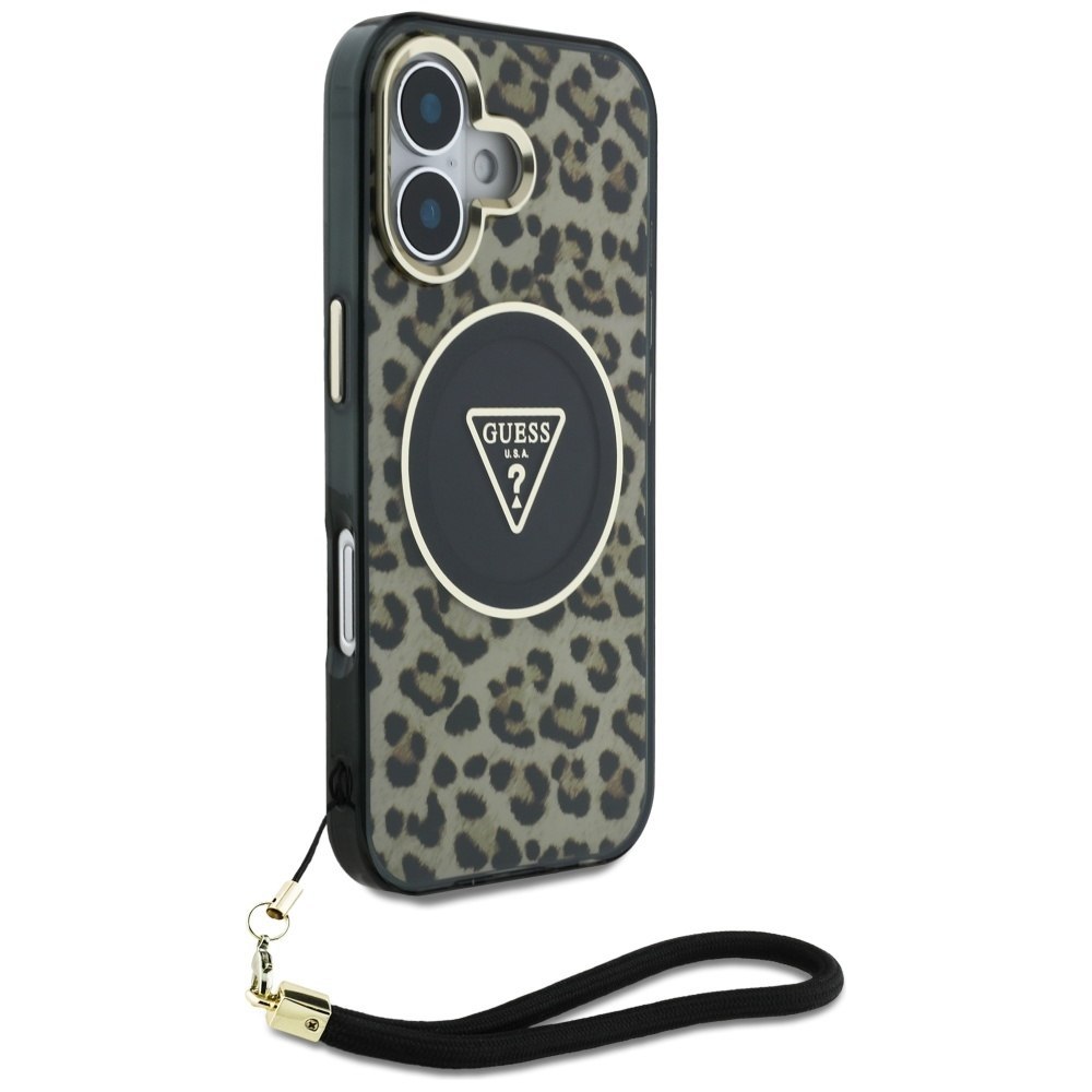 Etui Guess HC IML Leopard Triangle Cord Strap do iPhone 16 MagSafe brązowy